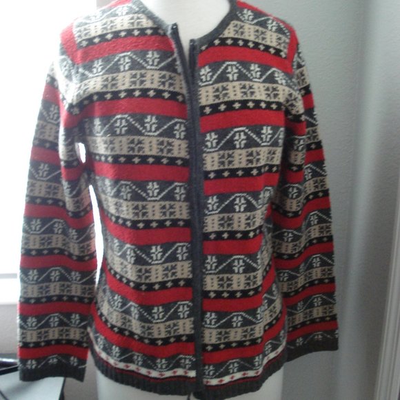 Zip Front Wool Blend Sweater Red Grey Beige - Picture 5 of 5